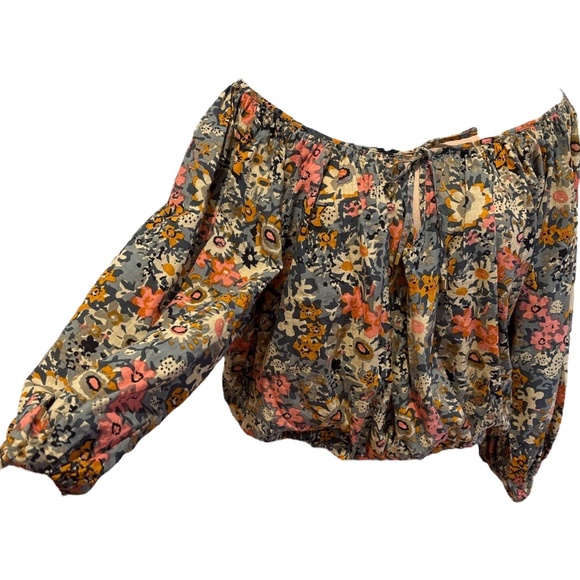 BISHOP & YOUNG OLIVE GREEN & PEACH FLORAL 3/4 BUBBLE SLEEVE & OFF SHOULDER TOP M - Picture 4 of 11